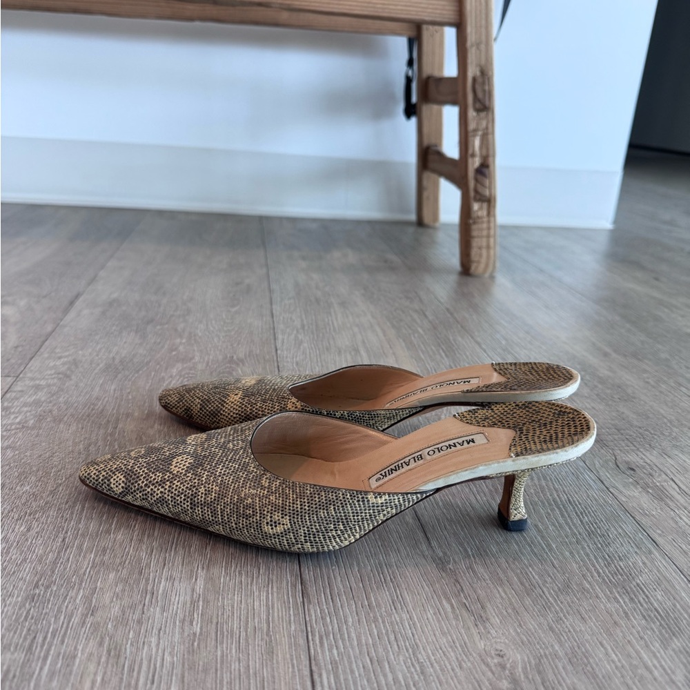 Manolo Blahnik Brown Snake Print Heels